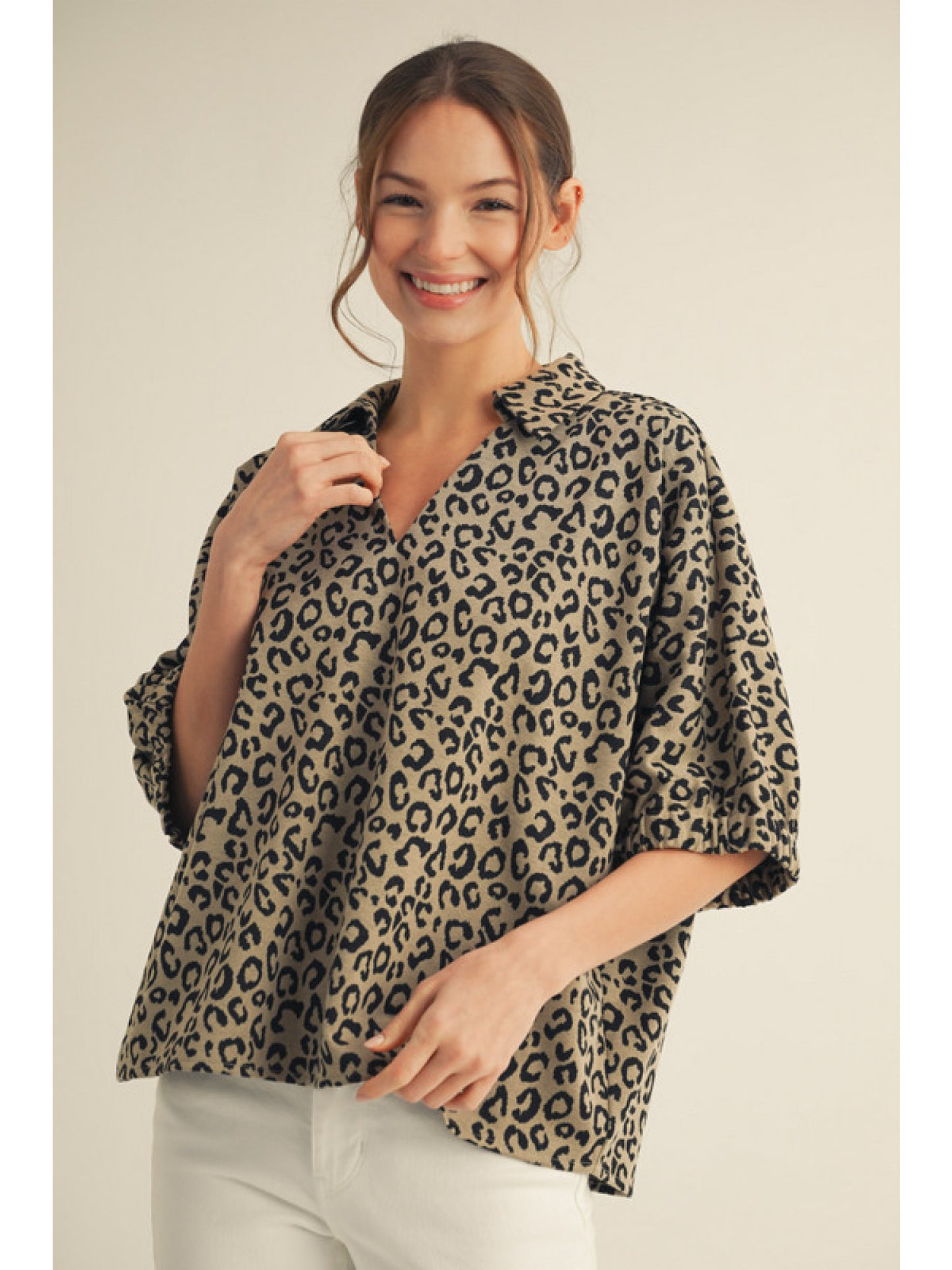 Oatmeal Leopard Collared Top